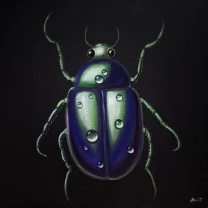 Vihreä koppakuoriainen jonka siivissä on vesipisaroita