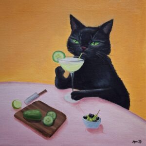 Kissa juo pöydässä kurkkkusouria