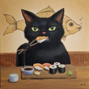 Kissa syö sushia ravintolassa