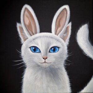 Valkoinen kissa pupunkorvapannalla