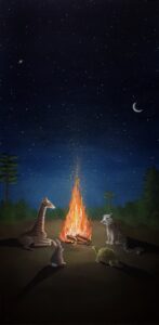 Kirahvi, leopardi, pupu ja kilpikonna istuvat iltanuotion äärellä, öljyvärimaalaus